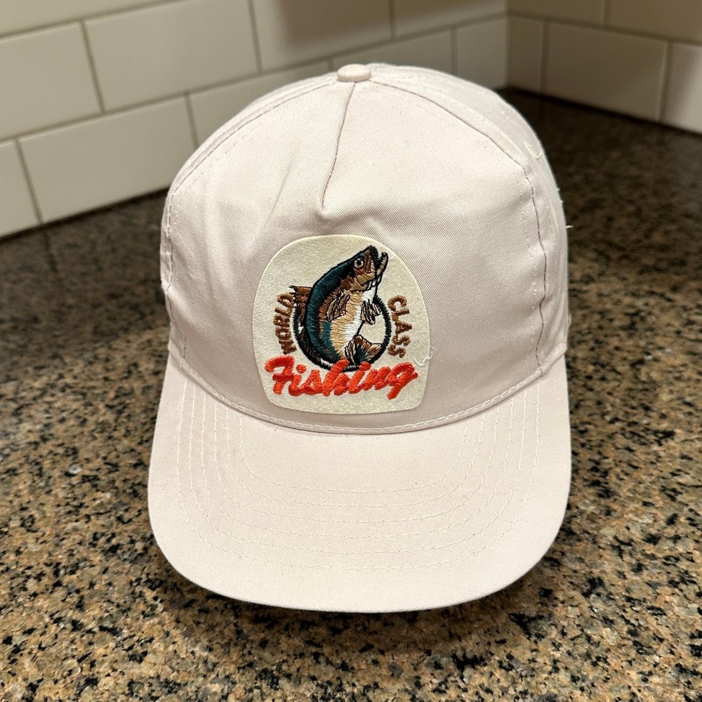 Vtg World Class Fishing Snapback Hat Adjustable Beige One Size Fits All